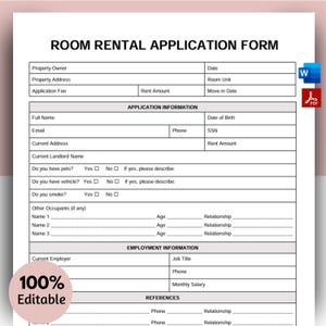 Room Rental Application Form, Rental Application, Landlord Rental Application, Tenant Rental Application, Printable Rental Application