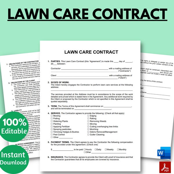 Lawn Care Contract, Lawn Care Agreement, Lawn Care Contract template, Lawncare Contract, Landscaping Contract, Garden Care agreement