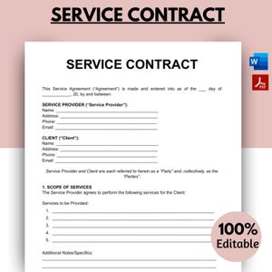 Printable Service Contract, Services Contract Agreement. Service Agreement, Editable Service Agreement, MS Word, PDF