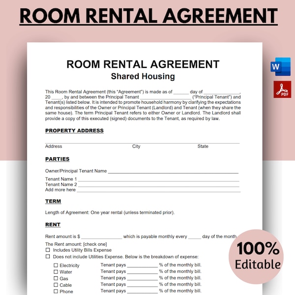 Room Rental Agreement, Rent Room, Lease Agreement, Roommate Room Rental Agreement, Room Rental Contract, Tenant Room, Rental Contract