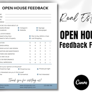 Open House Feedback Form, Realtor Open House Flyers, Realtor Checklist, Real Estate Marketing, Open House Sign in, Canva
