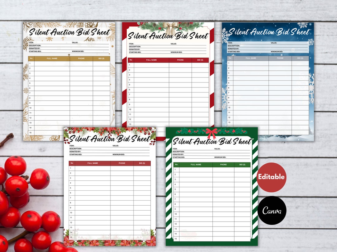 Silent Auction Bid Sheet Christmas, Printable Silent Auction Bid Sheets