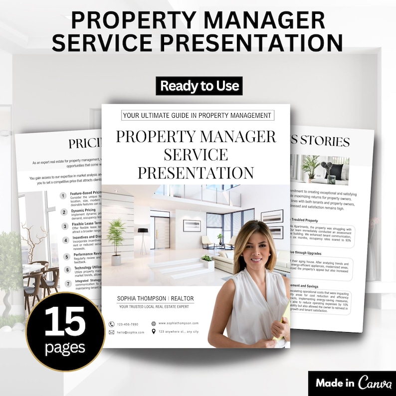 K&ouml;nnte beinhalten: Eine Pr&auml;sentation f&uuml;r Immobilienverwalter mit dem Titel "Property Manager Service Presentation" und dem Text "Ready to Use". Die Pr&auml;sentation umfasst 15 Seiten und zeigt eine Immobilienmaklerin, Sophia Thompson.
