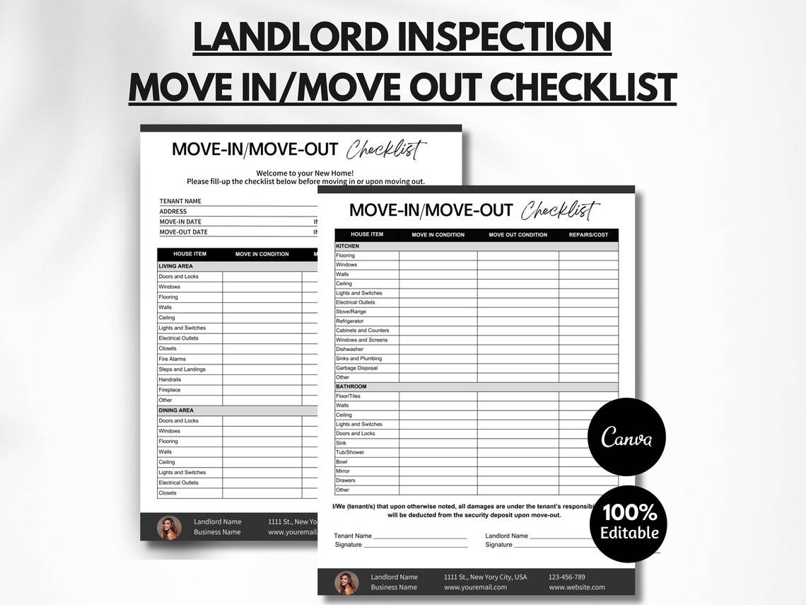 Tenant Move in Move Out Checklist, Landlord Checklist, Walkthrough ...