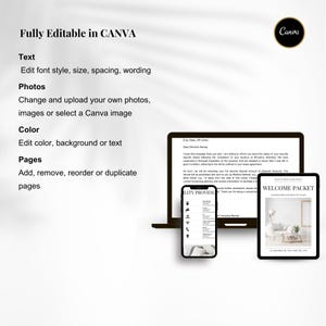 May include: A digital marketing image showcasing a laptop, tablet, and smartphone displaying editable Canva templates. The image highlights text editing, photo customization, color adjustments, and page management features. The Canva logo is visible.