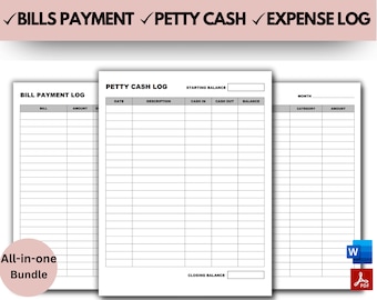 Petty Cash Log, Petty Cash Form, Bookkeeping, Bill Payment tracker, Petty Cash Form, Expense tracker, Monthly Bills, Finance Planner MS WORD