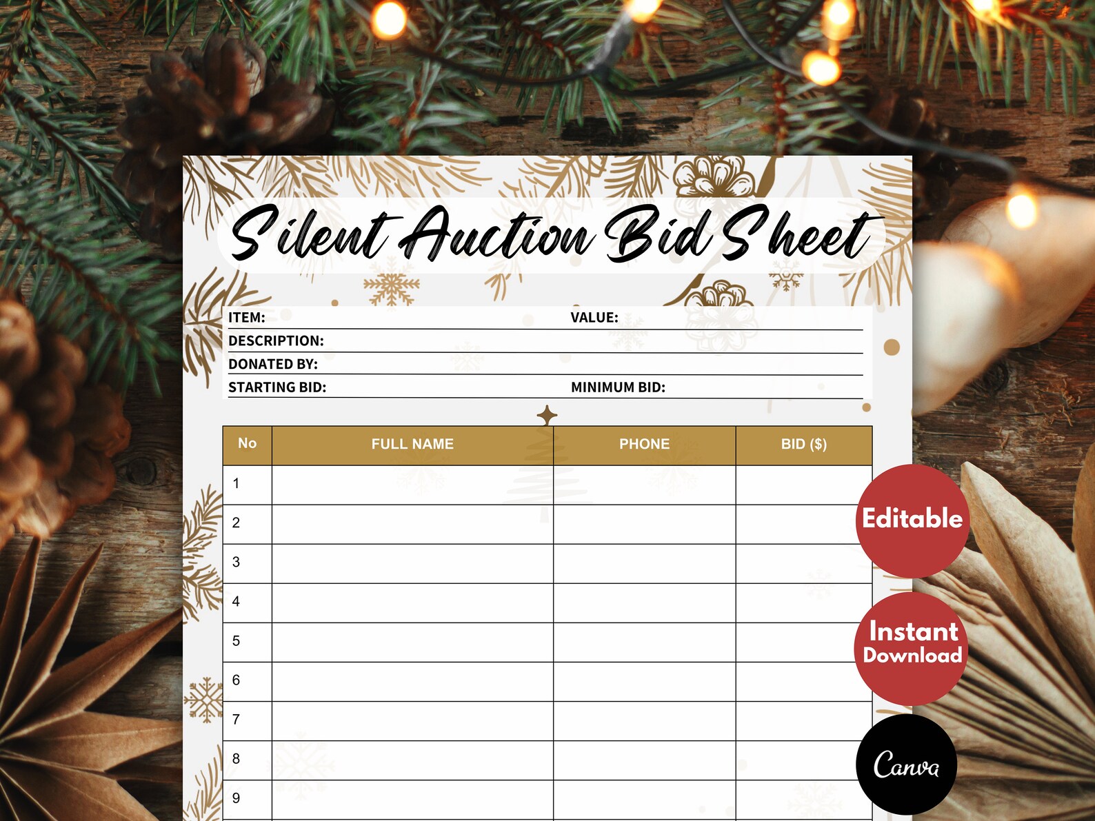 Silent Auction Bid Sheet Christmas, EDITABLE Silent Auction Bid Sheets