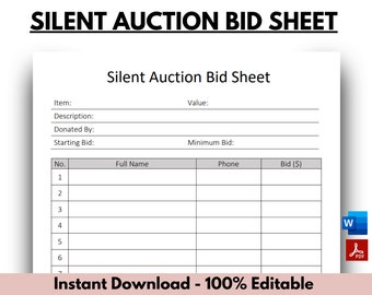 Silent auction bid sheet, Silent auction bid sheets downloadable, Silent auction template, Silent auction bid form, Fundraiser form