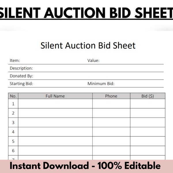 Silent auction bid sheet, Silent auction bid sheets downloadable, Silent auction template, Silent auction bid form, Fundraiser form