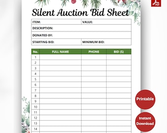 Silent auction bid sheet christmas, printable silent auction bid sheets, Silent auction template, Silent auction bid form, Fundraiser form