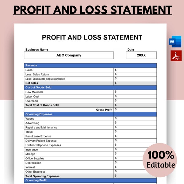 Profit and Loss Statement Template, Expense Report, Income Statement, Bookkeeping, Profit Calculator, Financial Statement, Small Business