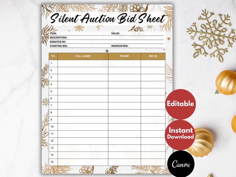 Silent Auction Bid Sheet Christmas, EDITABLE Silent Auction Bid Sheets