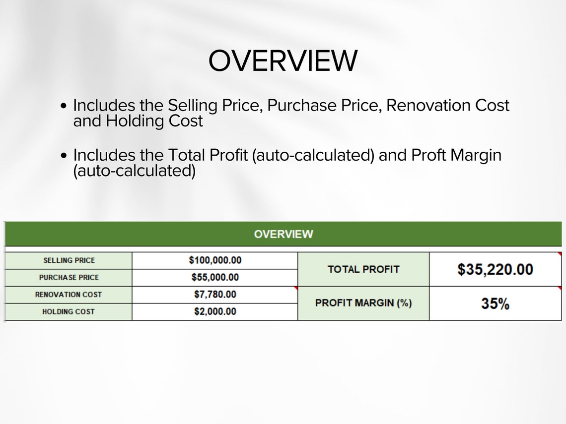 House Flip Tracker, House Flip Spreadsheet, Property Flipping, Property