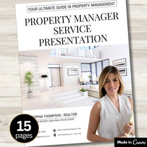 K&ouml;nnte beinhalten: Eine wei&szlig;e Pr&auml;sentation mit dem Titel "Property Manager Service Presentation" mit dem Text "Your Ultimate Guide in Property Management". Die Pr&auml;sentation zeigt ein Foto eines modernen Innenraums und einer Frau. Die Pr&auml;sentation umfasst 15 Seiten.