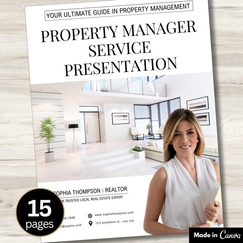K&ouml;nnte beinhalten: Eine wei&szlig;e Pr&auml;sentation mit dem Titel "Property Manager Service Presentation" mit dem Text "Your Ultimate Guide in Property Management". Die Pr&auml;sentation zeigt ein Foto eines modernen Innenraums und einer Frau. Die Pr&auml;sentation umfasst 15 Seiten.