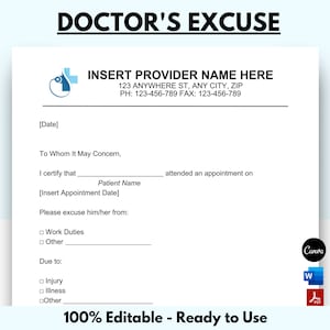Plantilla de excusa médica, carta de excusa médica, nota médica para el trabajo, notas médicas, carta de excusa, descarga instantánea, MS Word, Canva