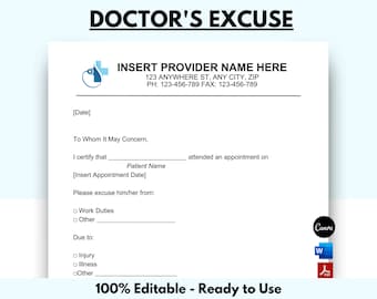 Modèle d&#39;excuse du médecin, lettre d&#39;excuse du médecin, note du médecin pour le travail, notes du médecin, lettre d&#39;excuse, téléchargement immédiat, MS WORD, Canva