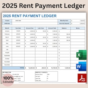 May include: A 2025 Rent Payment Ledger template with a blue and white design. The ledger includes sections for tenant information, monthly rent, and payment tracking. The document is 100% editable and available in PDF, Excel, and Word formats.