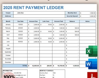Rent Payment Ledger, Rent Payment Tracker, Monthly Rent Payment Ledger, Rental Payment, Editable Rent Payment, MS Excel, MS Word, PDF