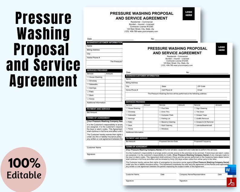 Pressure Washing Proposal And Service Agreement Pressure Etsy