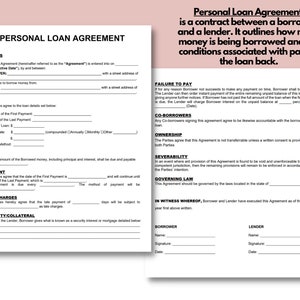 Contrat de prêt personnel, Contrat de prêt, Modèle de prêt personnel, Contrat de prêt, Prêt personnel, IOU, Formulaire de prêt, Billet à ordre image 2