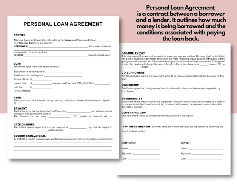 Personal Loan Agreement, Loan Agreement, Personal Loan Template, Loan Contract, Personal Loan, IOU, Loan form, Promissory Note image 2