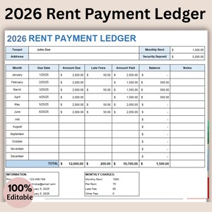 Rent Payment Ledger, Rent Payment Tracker, Monthly Rent Payment Ledger, Rental Payment, Editable Rent Payment, MS Excel, MS Word, PDF