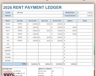 Rent Payment Ledger, Rent Payment Tracker, Monthly Rent Payment Ledger, Rental Payment, Editable Rent Payment, MS Excel, MS Word, PDF
