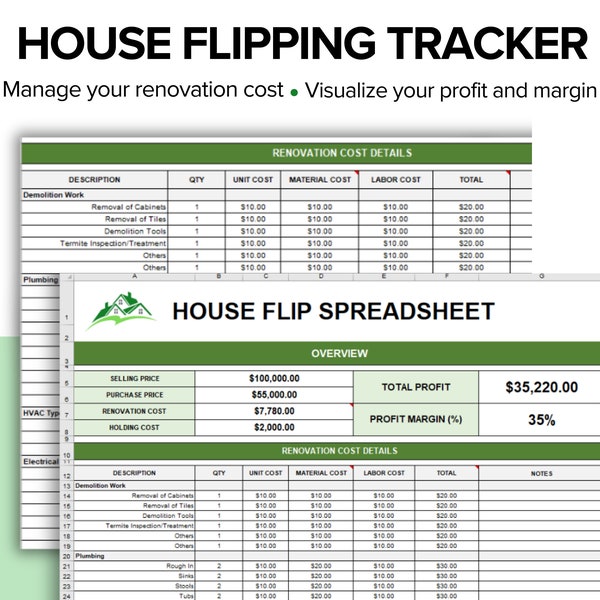 House Flip Tracker, House Flip Spreadsheet, Property Flipping, Property Management, Renovation Cost, House Flip Budget, MS Excel