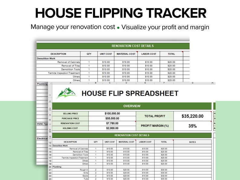 House Flip Tracker, House Flip Spreadsheet, Property Flipping, Property Management, Renovation Cost, House Flip Budget, MS Excel image 1