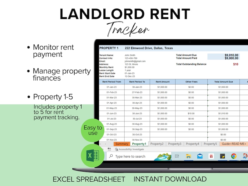 Rent Payment Tracker, Landlord Spreadsheet, Rent Payment Ledger, Property Spreadsheet, Rental Property Tracker image 2