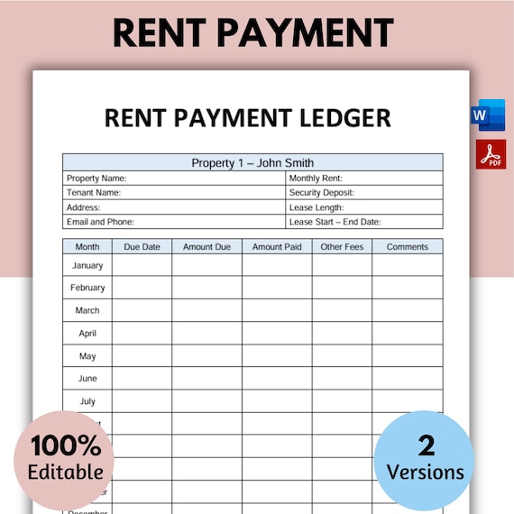 Editable Rent Payment Ledger Template, Monthly Rent Payment Tracker, Landlord Rent Tracker, Property Rent Tracker, Rental Payment Tracker