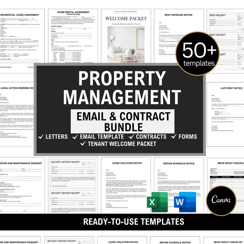May include: A collection of property management templates, including lease agreements, notices, and receipts. The central graphic reads "Property Management Email & Contract Bundle" with the text "Ready-to-use templates". The image also includes the Canva, Microsoft Word, and Excel logos.