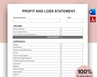 Profit and Loss Statement Template, Expense Report, Income Statement, Bookkeeping, Profit Calculator, Financial Statement, Small Business