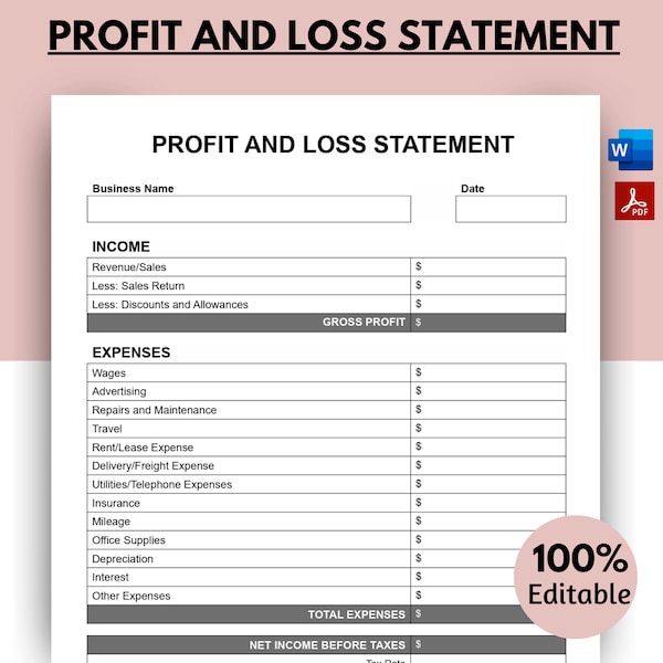 Profit and Loss Statement Template, Expense Report, Income Statement, Bookkeeping, Profit Calculator, Financial Statement, Small Business