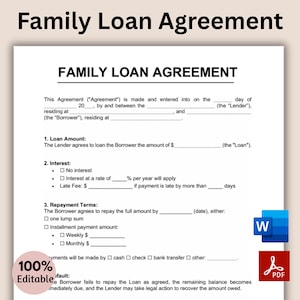 May include: A Family Loan Agreement document with the title "FAMILY LOAN AGREEMENT" at the top. The document includes sections for loan amount, interest, and repayment terms. The document is 100% editable and available in PDF format.