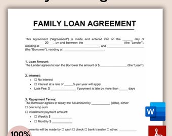 Family Loan Agreement, Editable Family Loan Contract Form Template, Printable Family Loan Contract, Family Debt Contract, Word, PDF