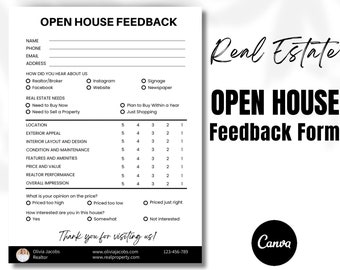 Open House Feedback Form, Realtor Open House Flyers, Realtor Checklist, Real Estate Marketing, Open House Sign in, Canva