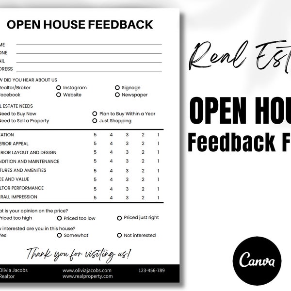 Open House Feedback Form, Realtor Open House Flyers, Realtor Checklist, Real Estate Marketing, Open House Sign in, Canva