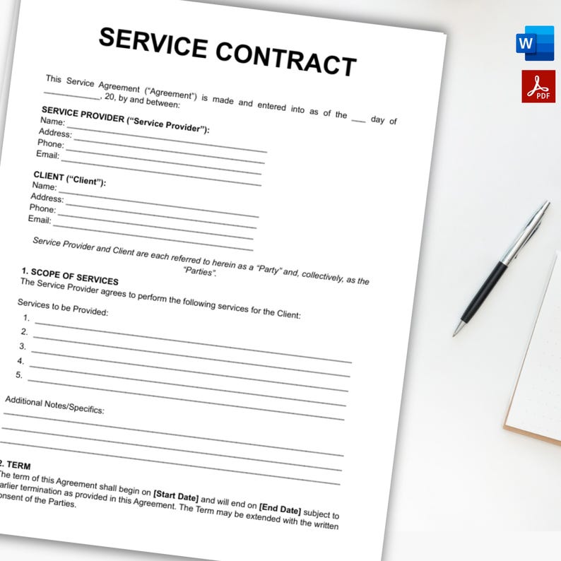 Printable Service Contract, Services Contract Agreement. Service Agreement, Editable Service Agreement, MS Word, PDF image 2