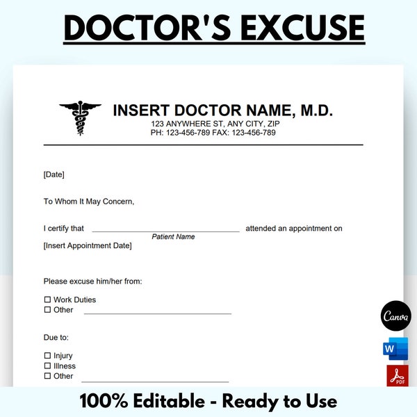 Doctor Excuse Template, Doctor Excuse for Work, Doctor Excuse Letter, Doctor Note For Work, Doctor Notes, Excuse Letter, Instant Download