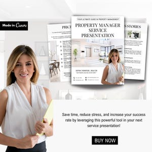 K&ouml;nnte beinhalten: Eine professionelle Pr&auml;sentation mit dem Titel "Property Manager Service Presentation" mit einer Frau, die einen gelben Ordner h&auml;lt. Die Pr&auml;sentation enth&auml;lt den Text "Your Ultimate Guide in Property Management" und "Sophia Thompson, Realtor". Das Bild enth&auml;lt auch den Text "Buy Now".