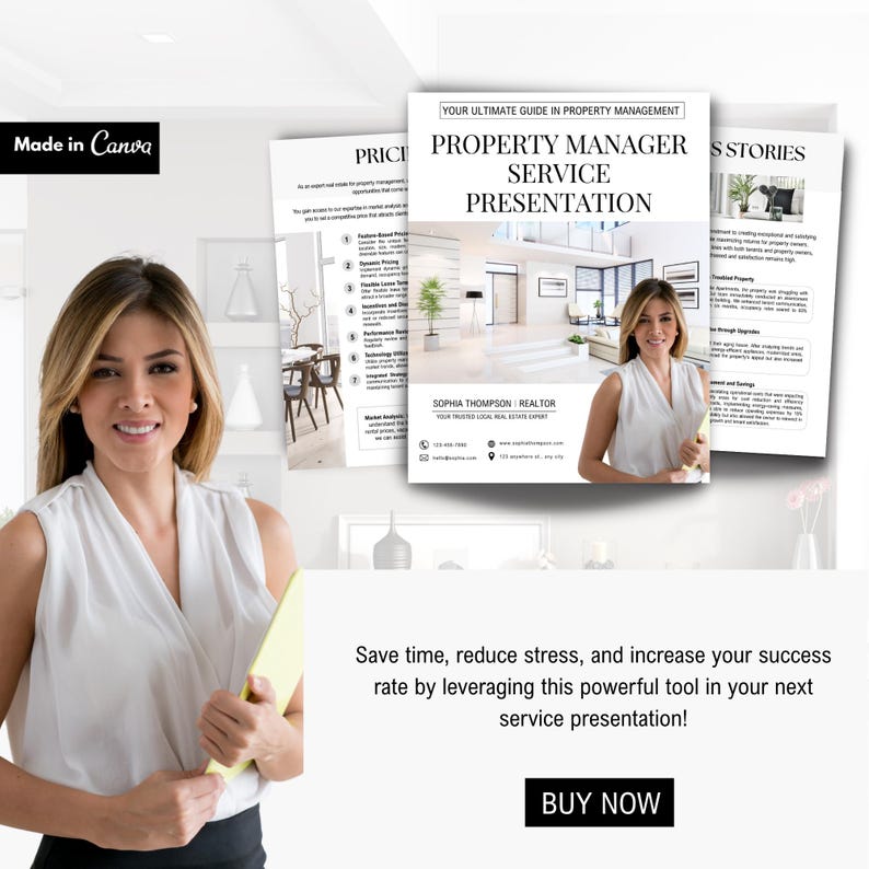 K&ouml;nnte beinhalten: Eine professionelle Pr&auml;sentation mit dem Titel "Property Manager Service Presentation" mit einer Frau, die einen gelben Ordner h&auml;lt. Die Pr&auml;sentation enth&auml;lt den Text "Your Ultimate Guide in Property Management" und "Sophia Thompson, Realtor". Das Bild enth&auml;lt auch den Text "Buy Now".