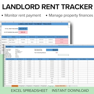 Rent Payment Tracker, Landlord Spreadsheet, Rent Payment Ledger, Property Spreadsheet, Rental Property Tracker image 1