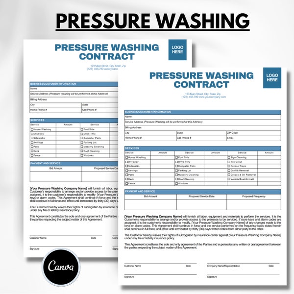 Pressure Washing Proposal & Service Agreement, Pressure Washing Contract, Pressure Washing Service, Cleaning services, Janitorial services