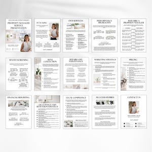 K&ouml;nnte beinhalten: Eine Pr&auml;sentation der Immobilienservice mit verschiedenen Informationsseiten. Die Seiten umfassen Themen wie Mieterpr&uuml;fung, Mieteintreibung, Reparaturen, Marketingstrategie und Kontaktinformationen. Die Pr&auml;sentation ist in Schwarz und Wei&szlig;.