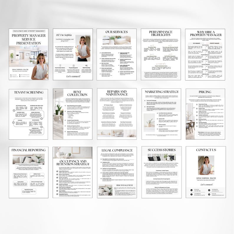 K&ouml;nnte beinhalten: Eine Pr&auml;sentation der Immobilienservice mit verschiedenen Informationsseiten. Die Seiten umfassen Themen wie Mieterpr&uuml;fung, Mieteintreibung, Reparaturen, Marketingstrategie und Kontaktinformationen. Die Pr&auml;sentation ist in Schwarz und Wei&szlig;.