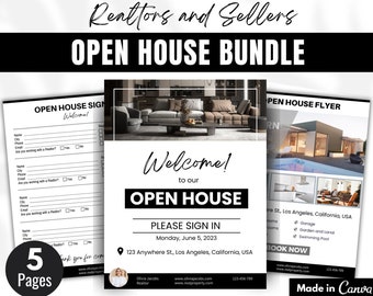 Open huis bundel, open huis aanmeldingsblad, open huis feedback, checklist voor makelaars, onroerend goed open huis, open huis sjabloon, Canva