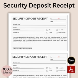 Könnte beinhalten: Eine weiße Quittungsvorlage für die Sicherheitsleistung mit dem Text "Security Deposit Receipt" oben. Die Quittung enthält Felder für Informationen wie "Received From", "Amount" und Zahlungsmethoden. In der unteren linken Ecke steht "100% Editable".