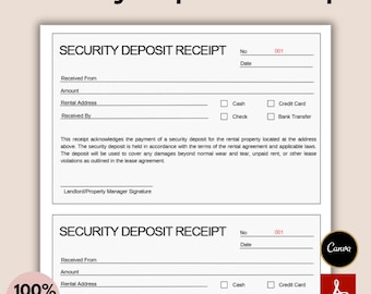 Security Deposit Receipt, Editable Security Deposit Receipt Template, Security Deposit Receipt Form, Landlord Receipt, Rental Deposit